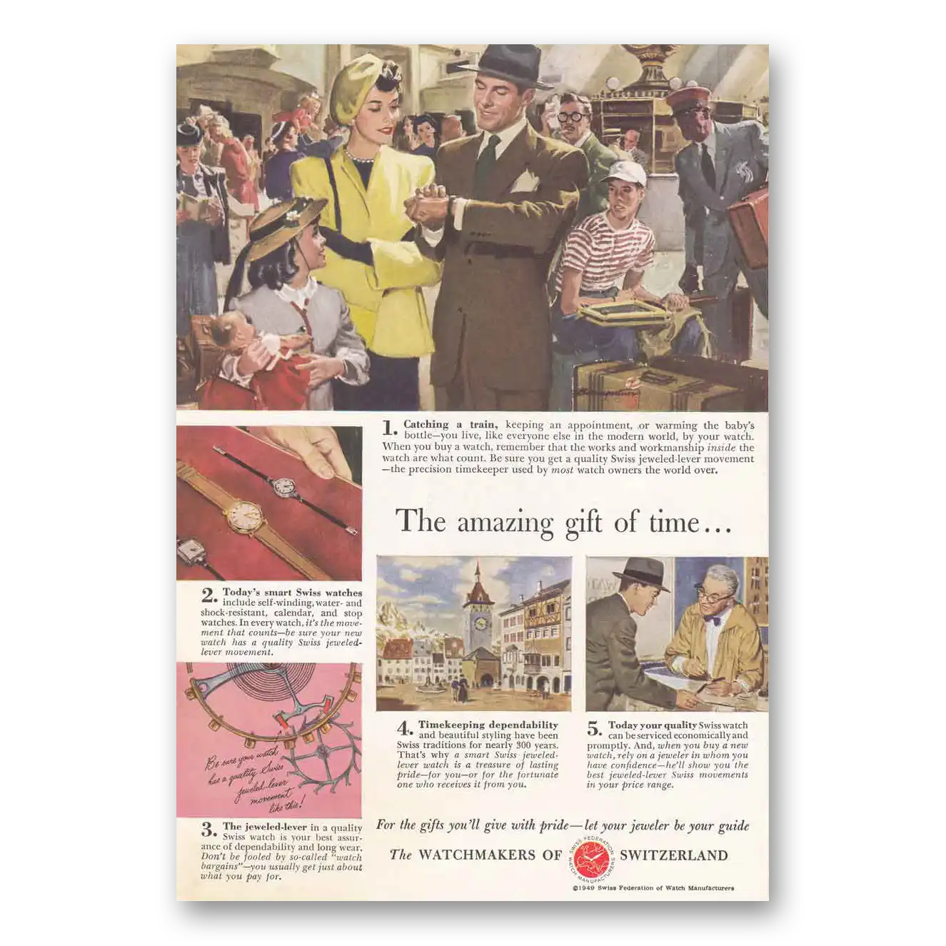 1949 Watchmakers of Switzerland Catching a Train Vintage Magazine Print Ad