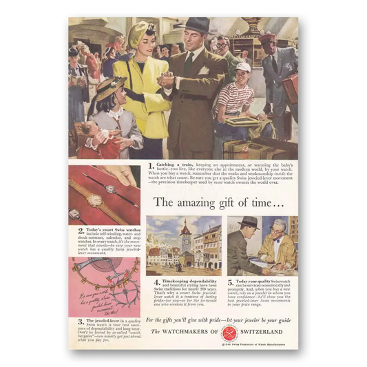 1949 Watchmakers of Switzerland Catching a Train Vintage Magazine Print Ad