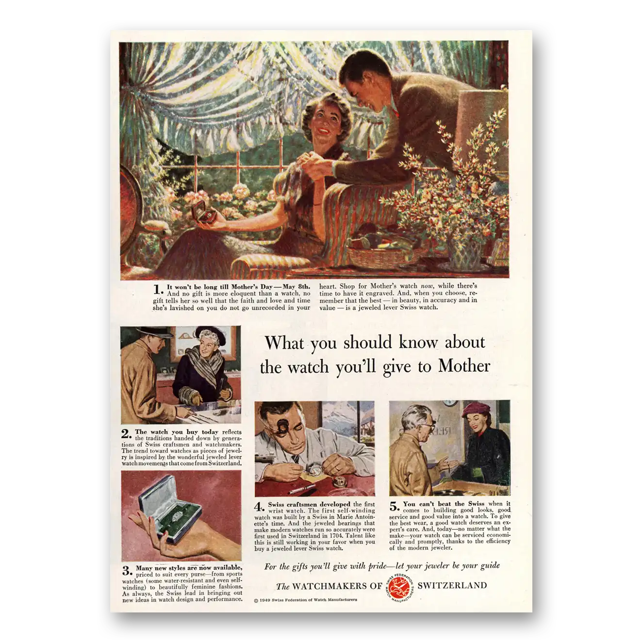 1949 Watchmakers of Switzerland Give To Mother Vintage Magazine Print Ad