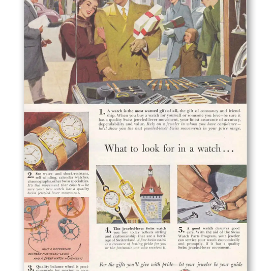 1949 Watchmakers of Switzerland Christmas Shoppers Vintage Magazine Print Ad