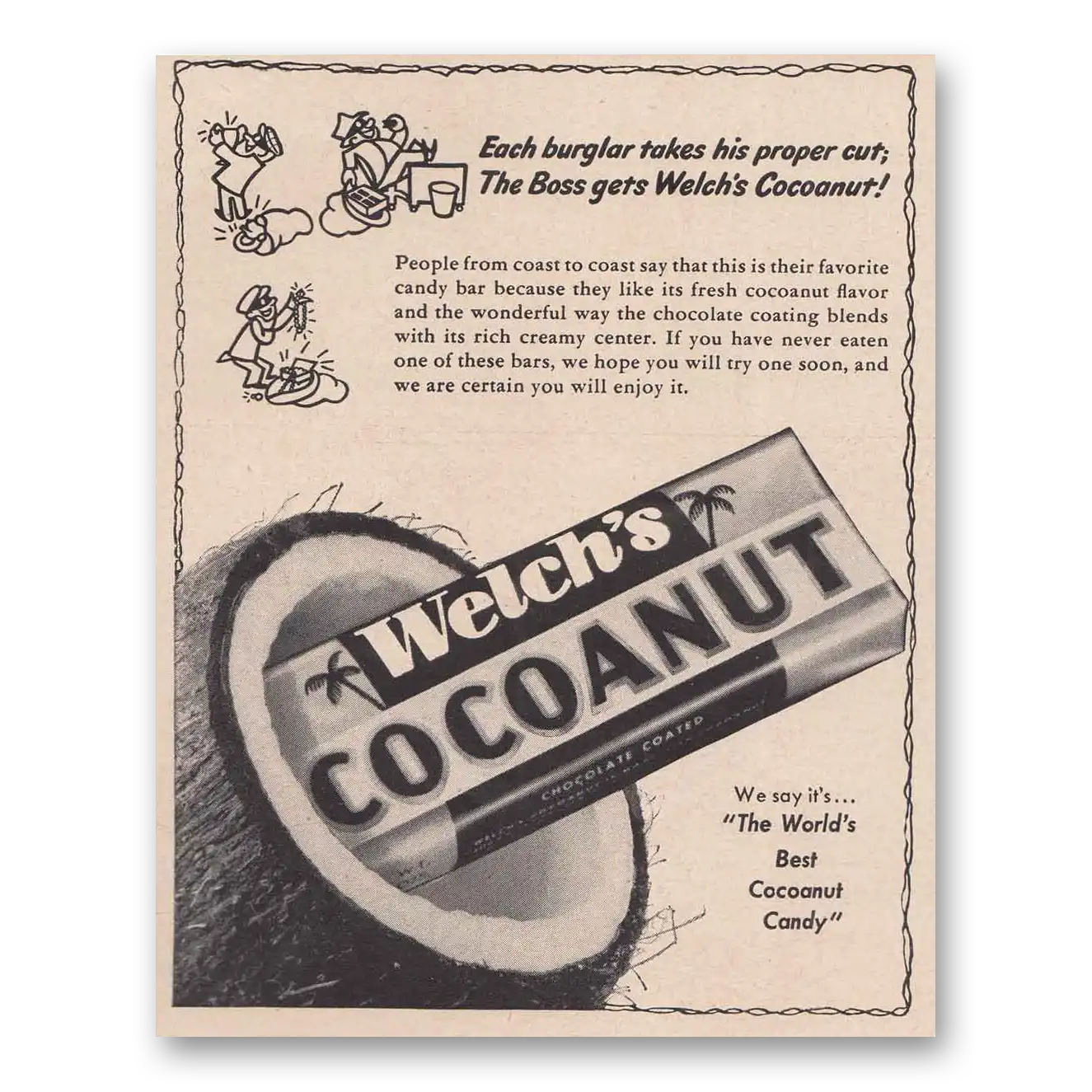 1949 Welch's Cocoanut Candy Each Burglar Takes His Pro Vintage Magazine Print Ad