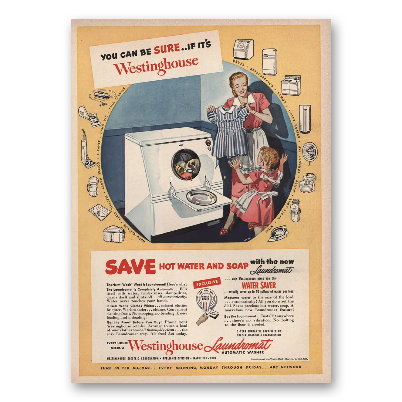 1949 Westinghouse Washer Laundromat Save Hot Water and Soap Vintage Magazine Print Ad