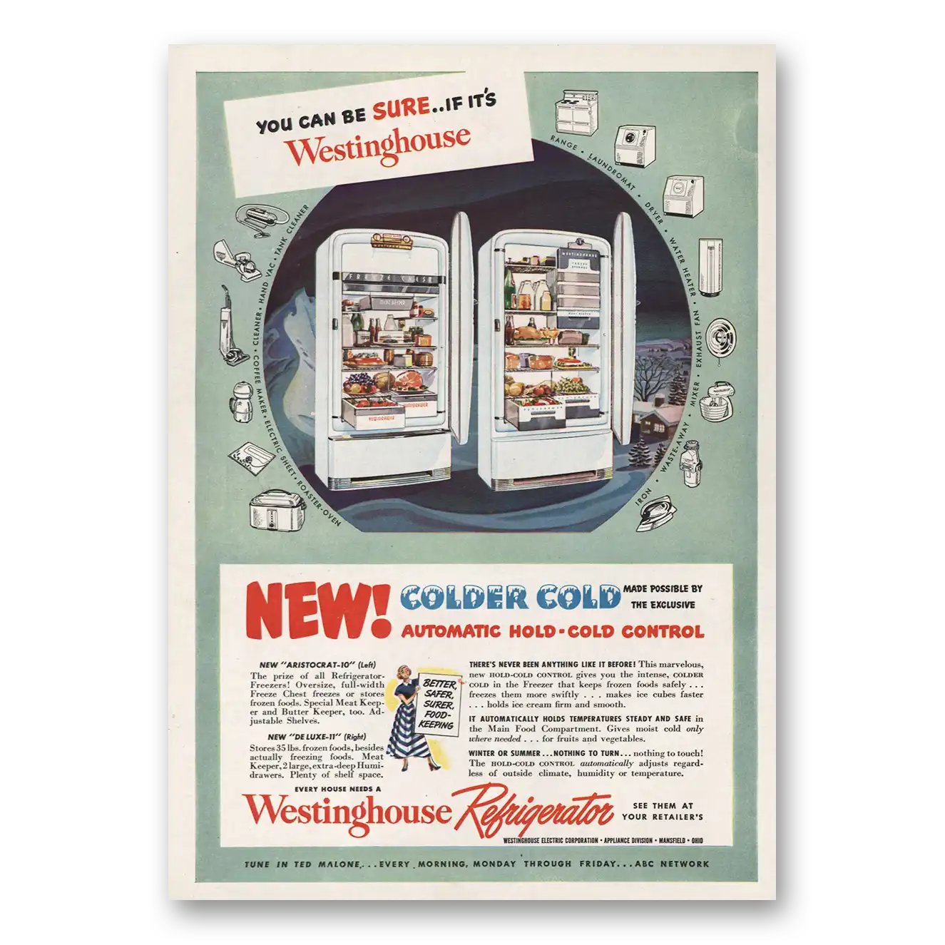 1949 Westinghouse Refrigerator Colder Cold Automatic Hold Cold Vintage Magazine Print Ad