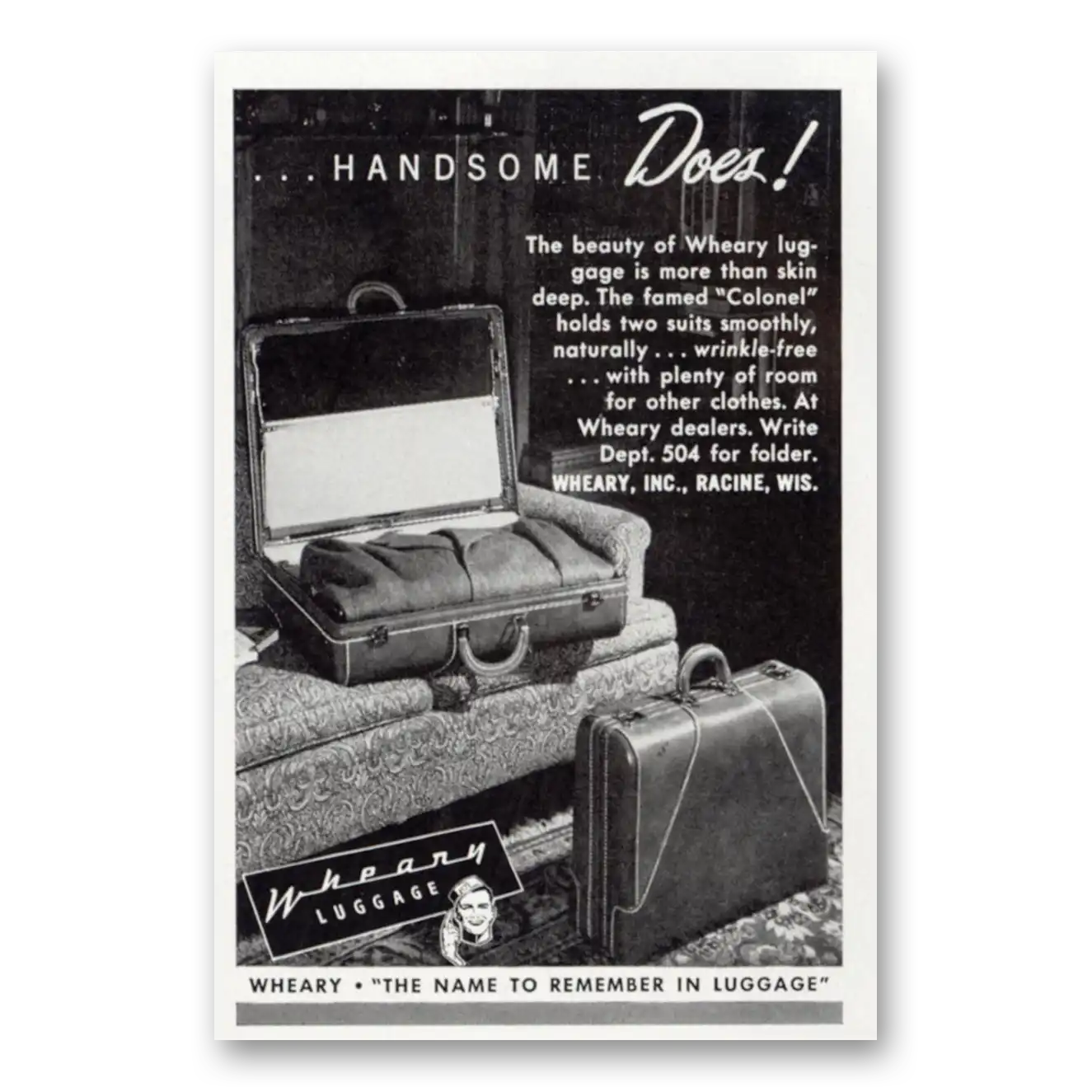 1949 Wheary Luggage Handsome Does Vintage Magazine Print Ad