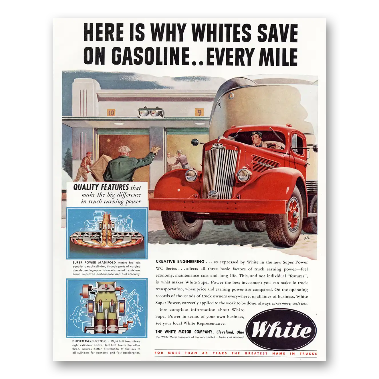 1949 White Trucks Save On Gasoline Every Mile Vintage Magazine Print Ad