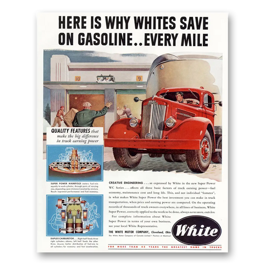 1949 White Trucks Save On Gasoline Every Mile Vintage Magazine Print Ad