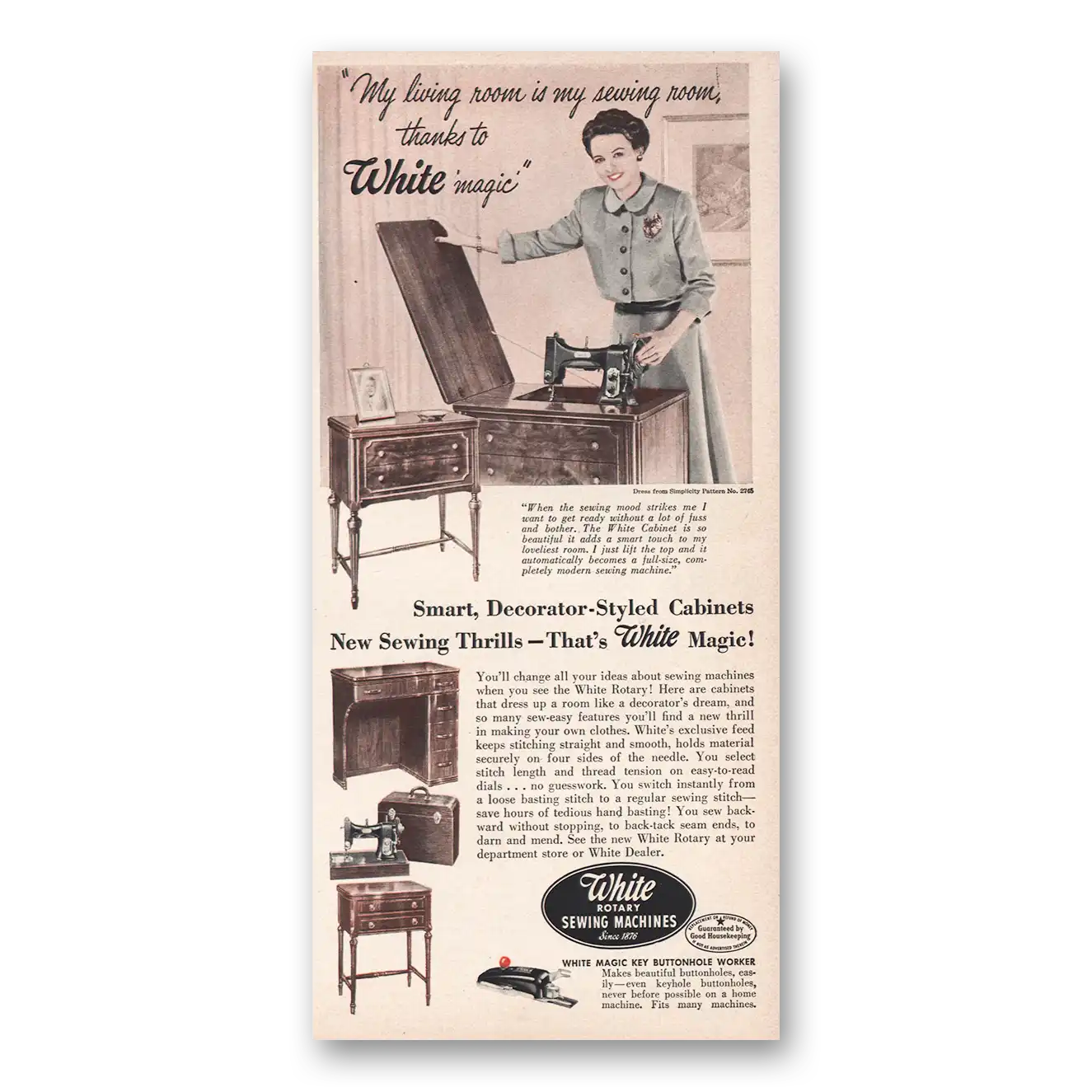 1949 White Sewing Machines White Magic Vintage Magazine Print Ad