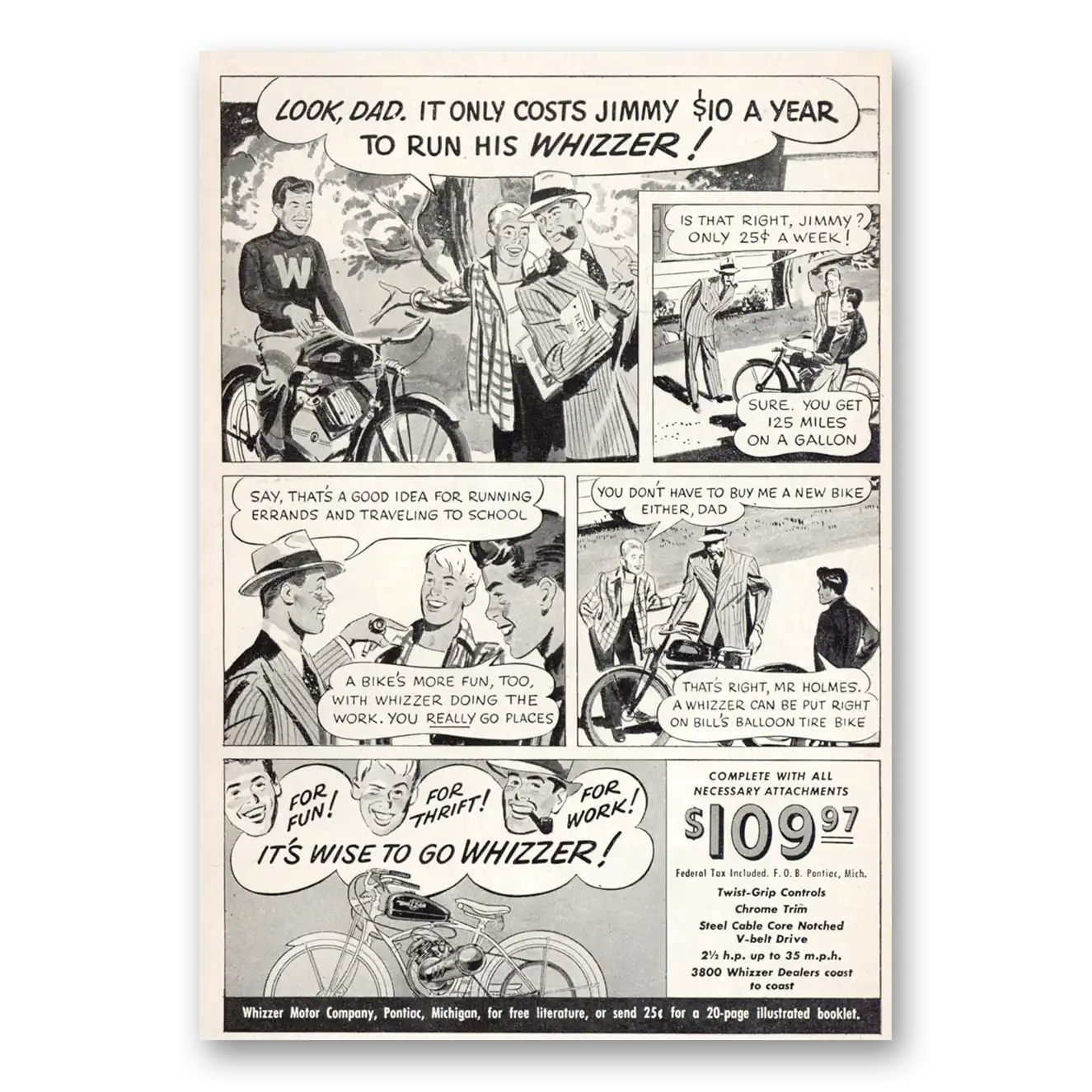 1949 Whizzer Motorbike Look Dad It Only Costs Jimmy Vintage Magazine Print Ad