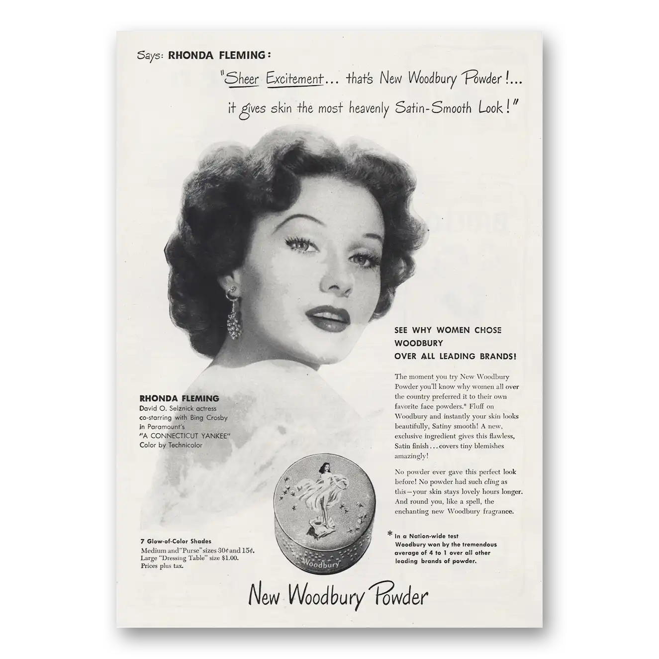 1949 Woodbury Face Powder Rhonda Fleming Vintage Magazine Print Ad