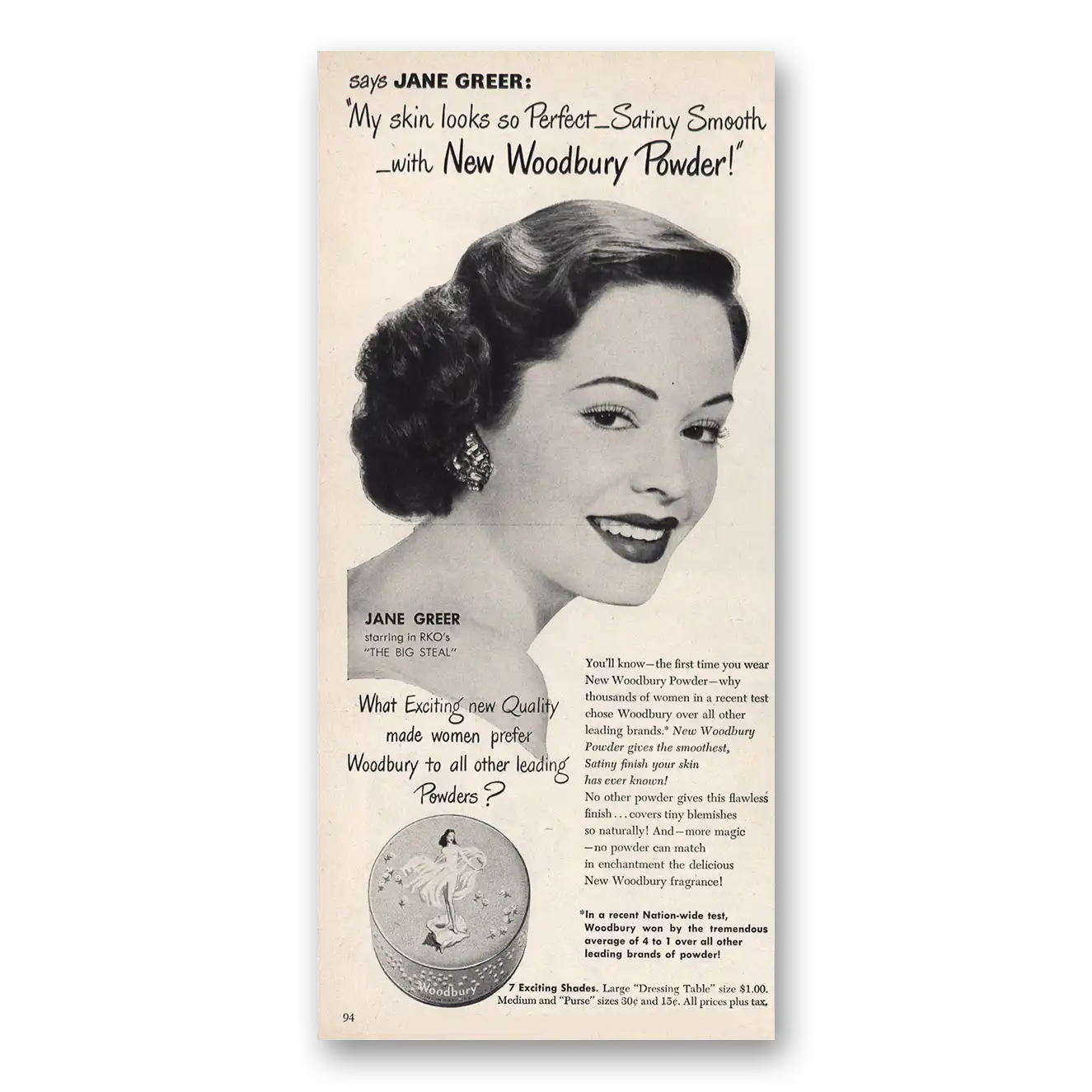 1949 Woodbury Face Powder Jane Greer Vintage Magazine Print Ad