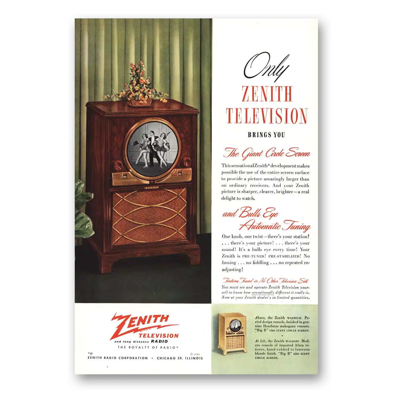 1949 Zenith Television Giant Circle Screen Bulls Eye Vintage Magazine Print Ad