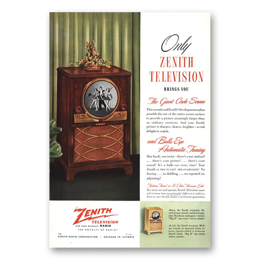 1949 Zenith Television Giant Circle Screen Bulls Eye Vintage Magazine Print Ad