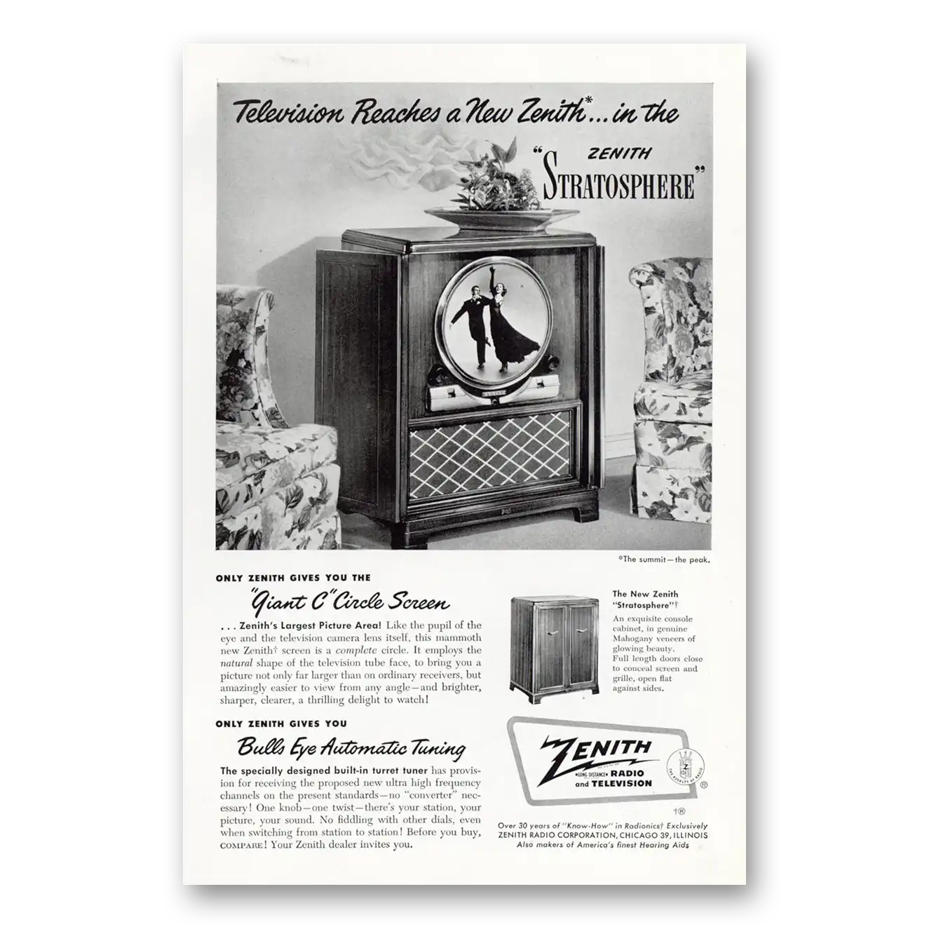 1949 Zenith Television Giant C Circle Screen Vintage Magazine Print Ad