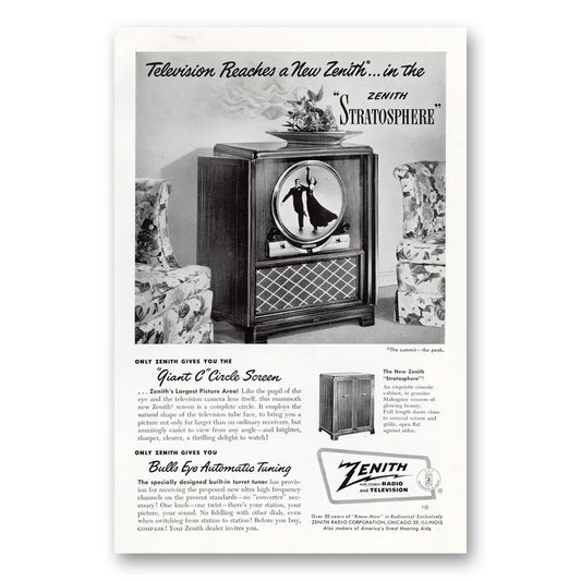 1949 Zenith Television Giant C Circle Screen Vintage Magazine Print Ad