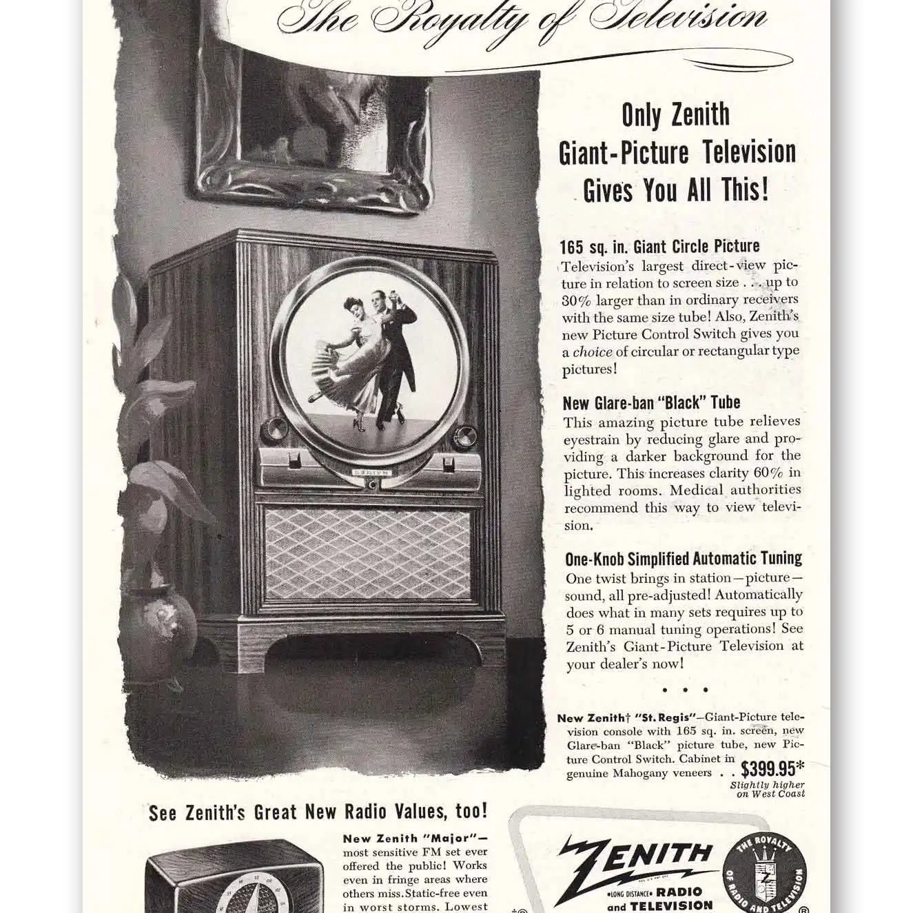 1949 Zenith Television Giant Picture Television Royalty Giant Circle Picture Vintage Magazine Print Ad