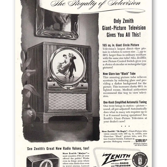 1949 Zenith Television Giant Picture Television Royalty Giant Circle Picture Vintage Magazine Print Ad