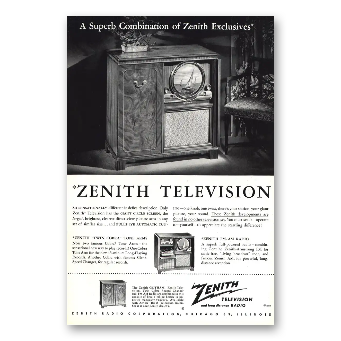 1949 Zenith Television Giant Circle Screen Superb Vintage Magazine Print Ad