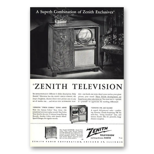 1949 Zenith Television Giant Circle Screen Superb Vintage Magazine Print Ad