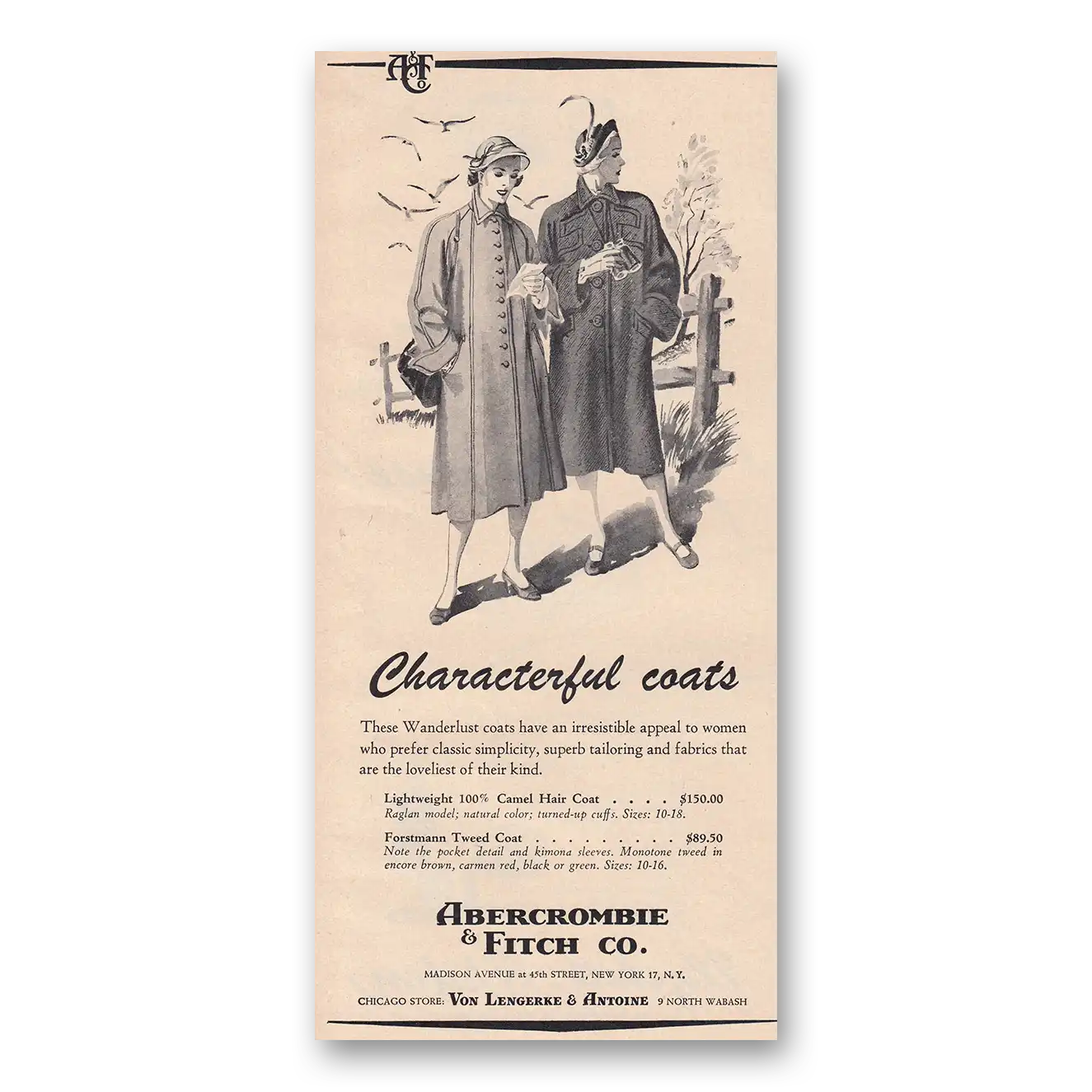 1950 Abercrombie & Fitch Characterful Coats Vintage Magazine Print Ad