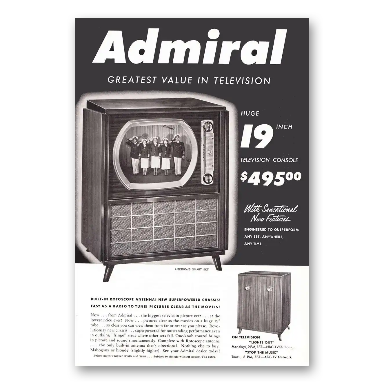 1950 Admiral Television Built In Rotoscope Antenna Vintage Magazine Print Ad