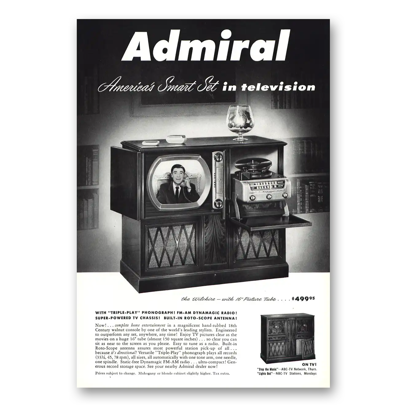 1950 Admiral Television Wilshire Triple Play Phonograph Vintage Magazine Print Ad