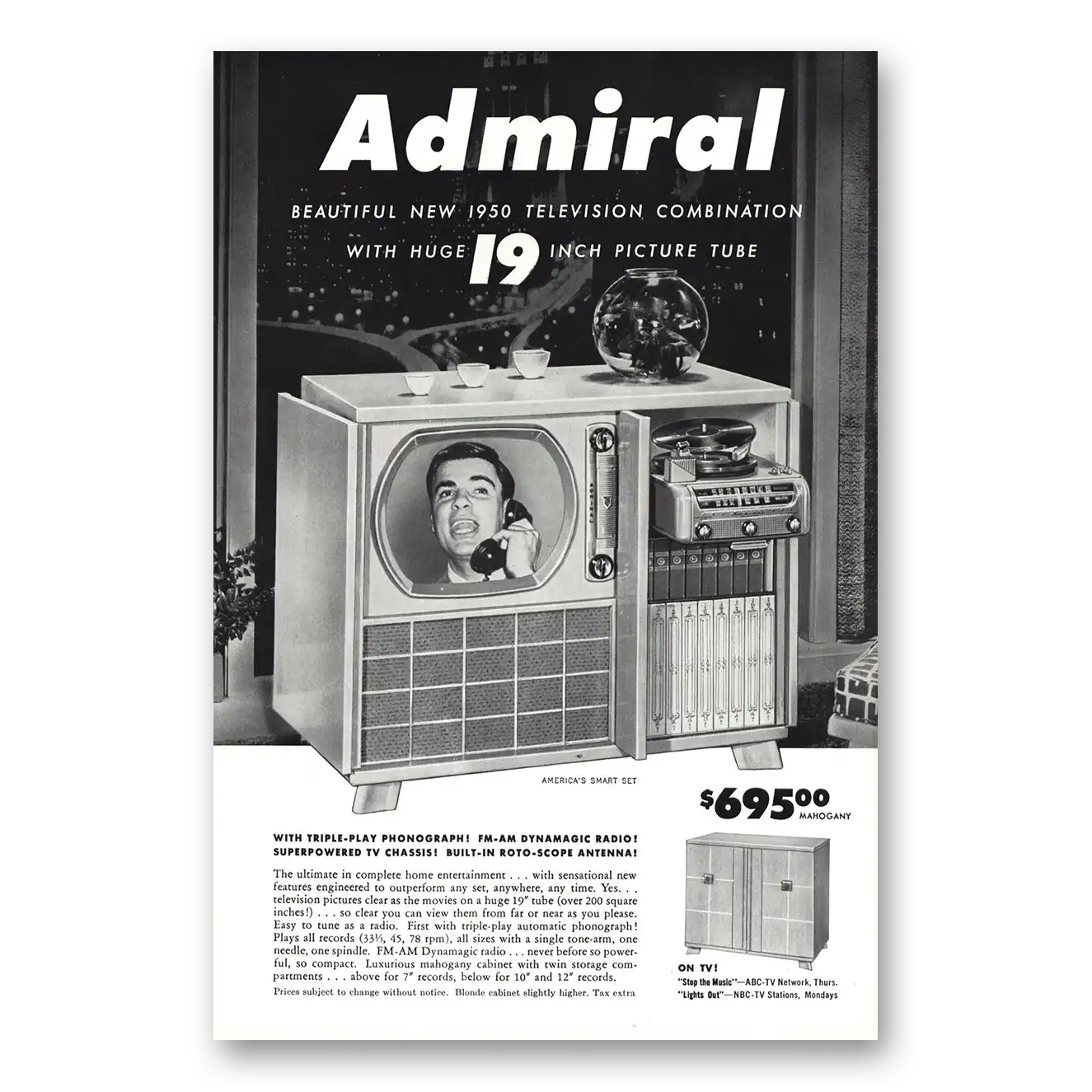 1950 Admiral Television Beautiful New 1950 Television Combination Vintage Magazine Print Ad