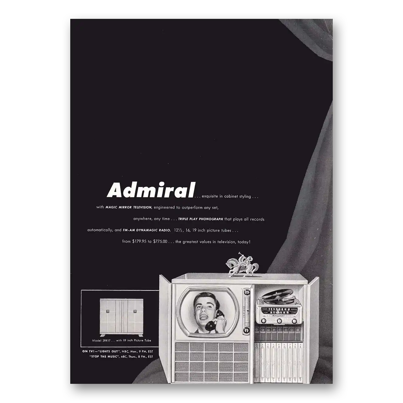 1950 Admiral Television Magic Mirror Television In Cabinet Styling Vintage Magazine Print Ad