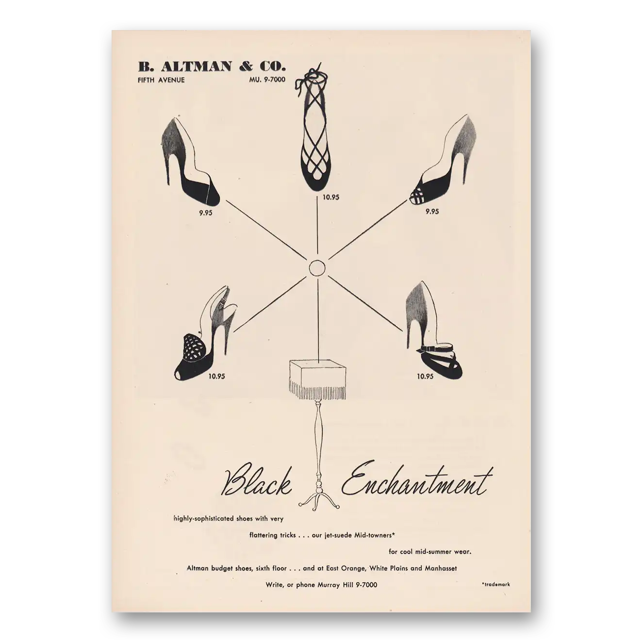 1950 B Altman Black Enchantment Shoes Vintage Magazine Print Ad