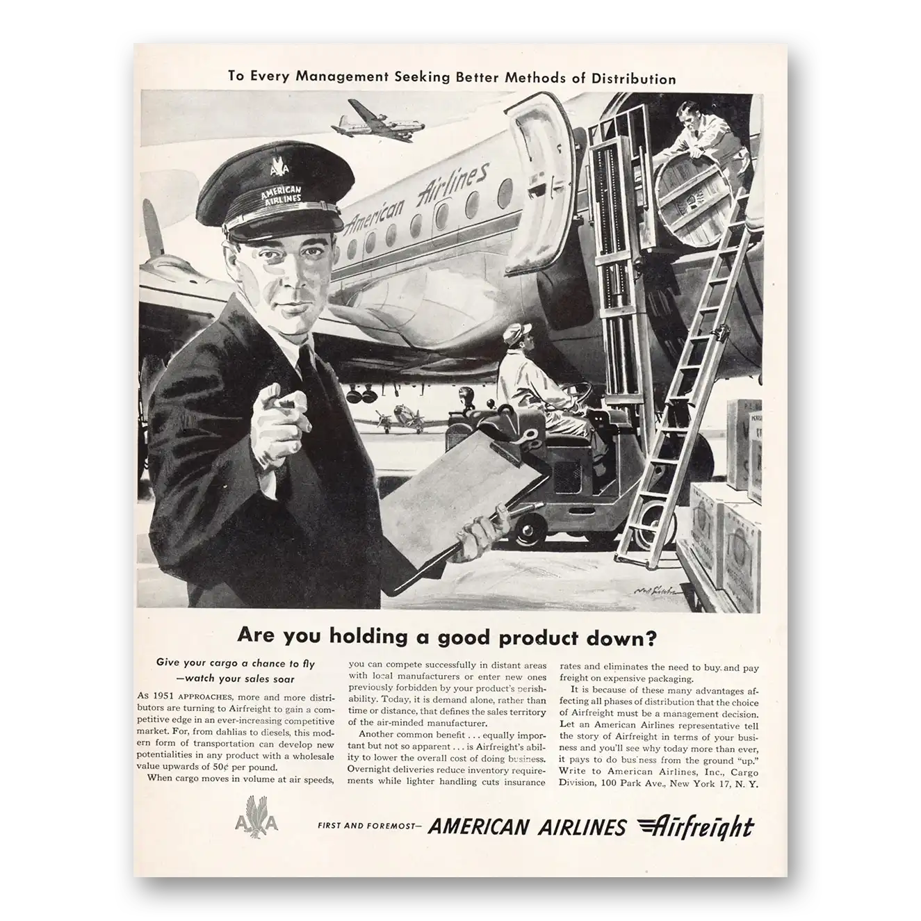 1950 American Airlines Holding a Good Product Down Vintage Magazine Print Ad