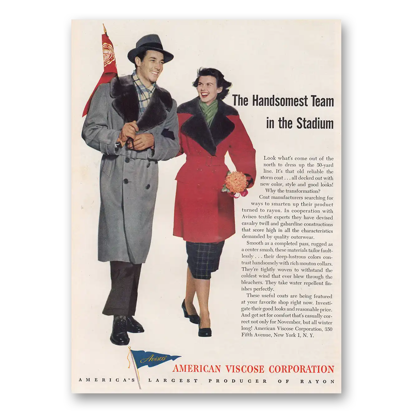 1950 American Viscose Handsomest Team In the Stadium Vintage Magazine Print Ad