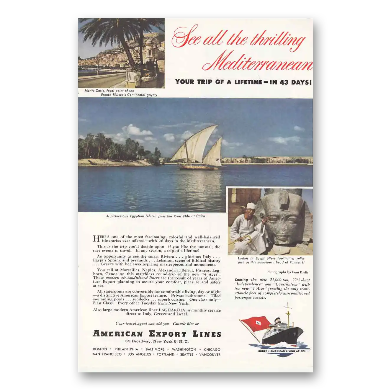 1950 American Export Lines Thrilling Mediterranean Vintage Magazine Print Ad