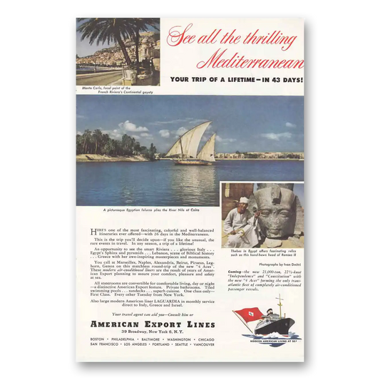 1950 American Export Lines Thrilling Mediterranean Vintage Magazine Print Ad