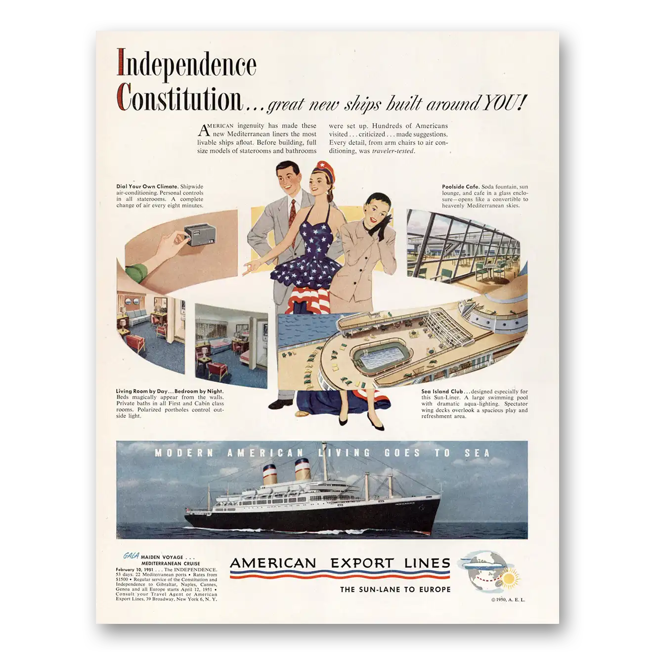 1950 American Export Lines Independence Constitution Great New Ships Built Around You Vintage Magazine Print Ad