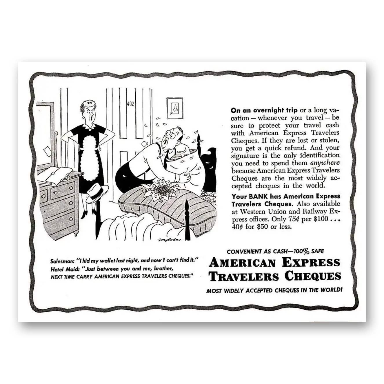 1950 American Express Travelers Cheques I Hid My Wallet Last Night Vintage Magazine Print Ad