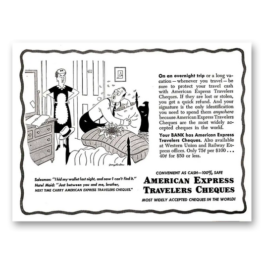 1950 American Express Travelers Cheques I Hid My Wallet Last Night Vintage Magazine Print Ad