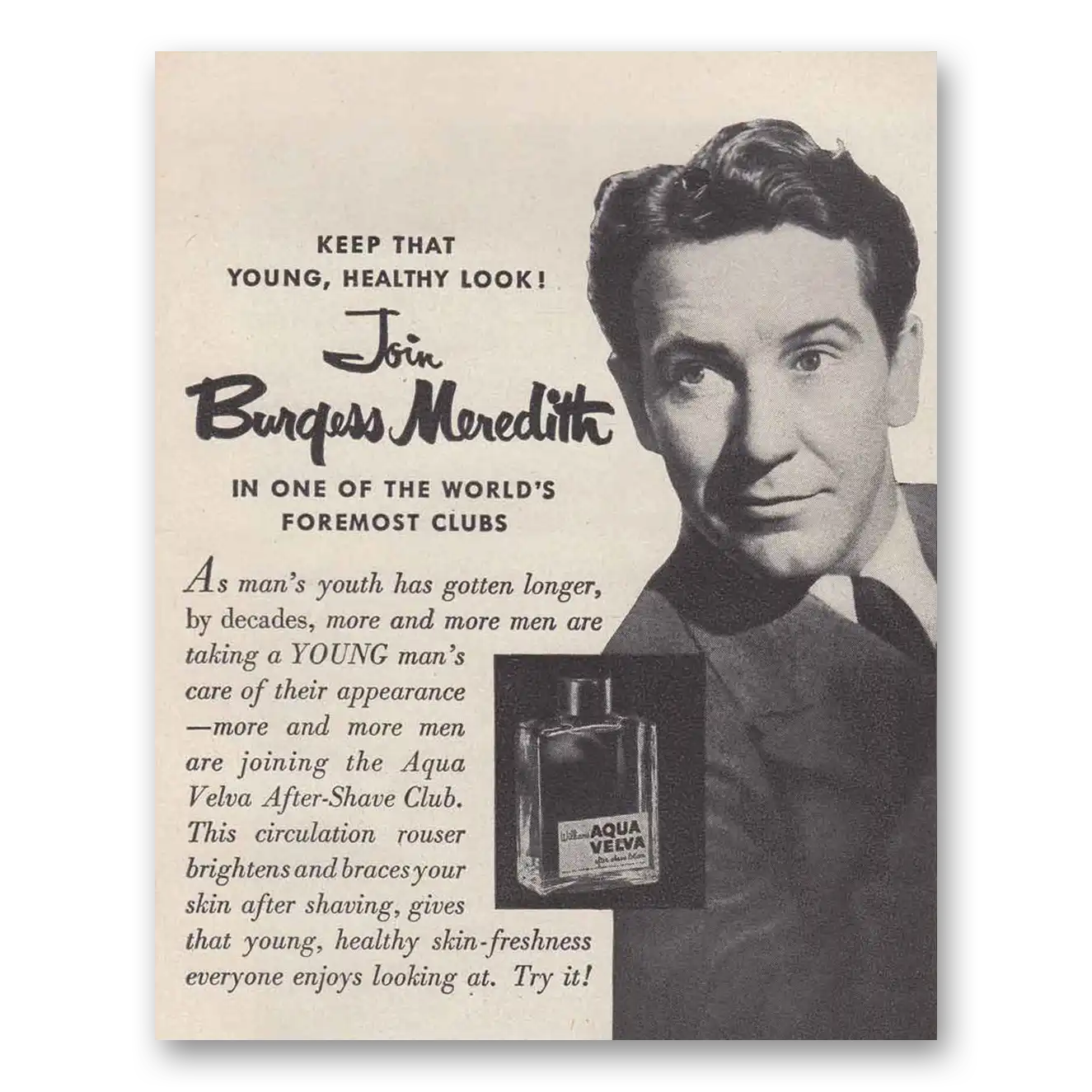 1950 Aqua Velva Burgess Meredith Vintage Magazine Print Ad