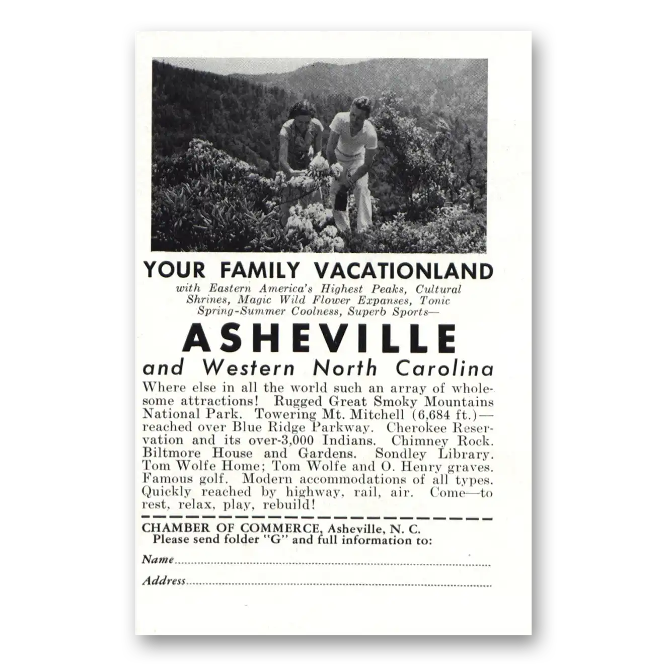 1950 Asheville North Carolina Family Vacationland Vintage Magazine Print Ad