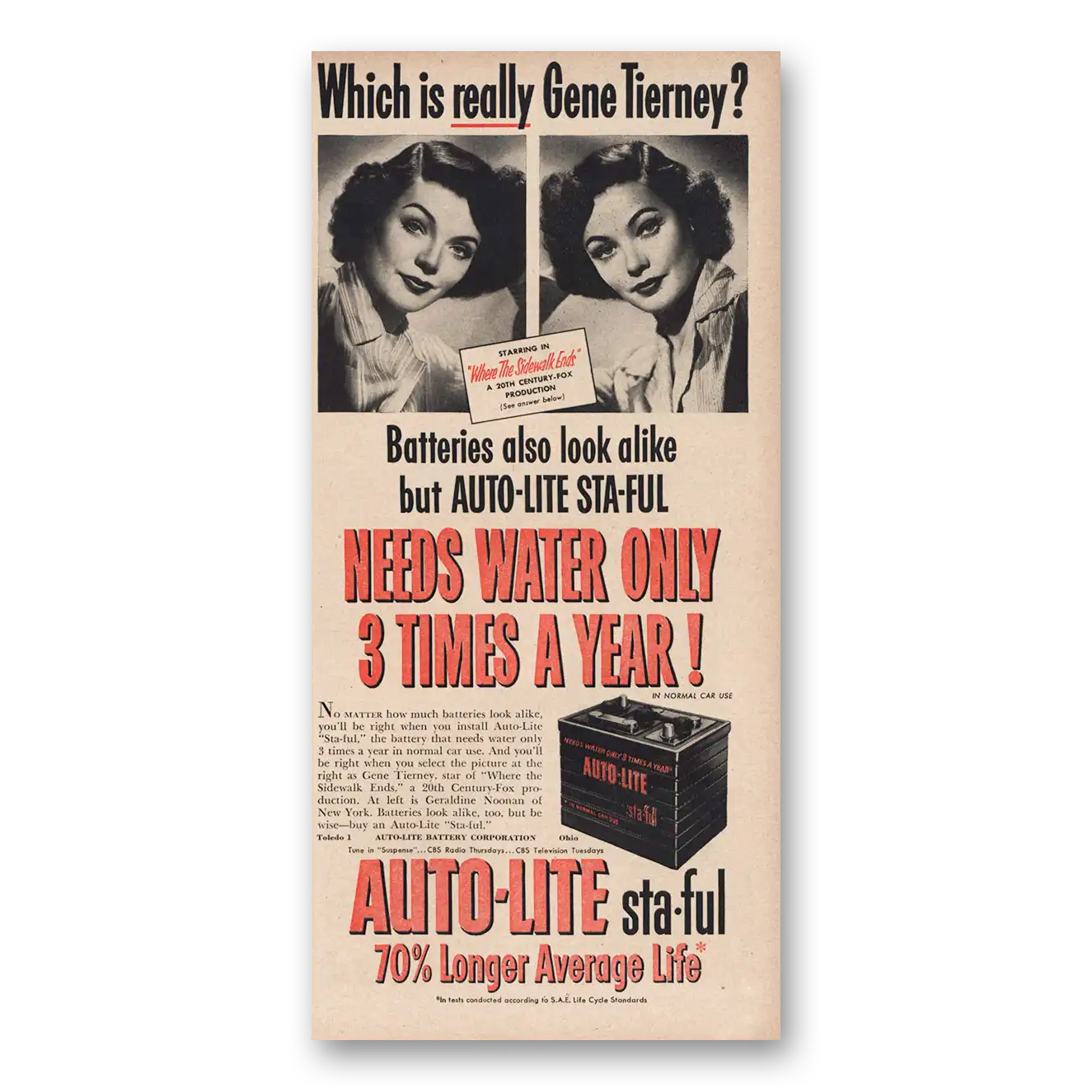 1950 Autolite Spark Plugs Which Is Really Gene Tierney Vintage Magazine Print Ad