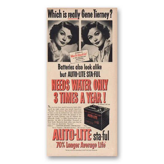 1950 Autolite Spark Plugs Which Is Really Gene Tierney Vintage Magazine Print Ad