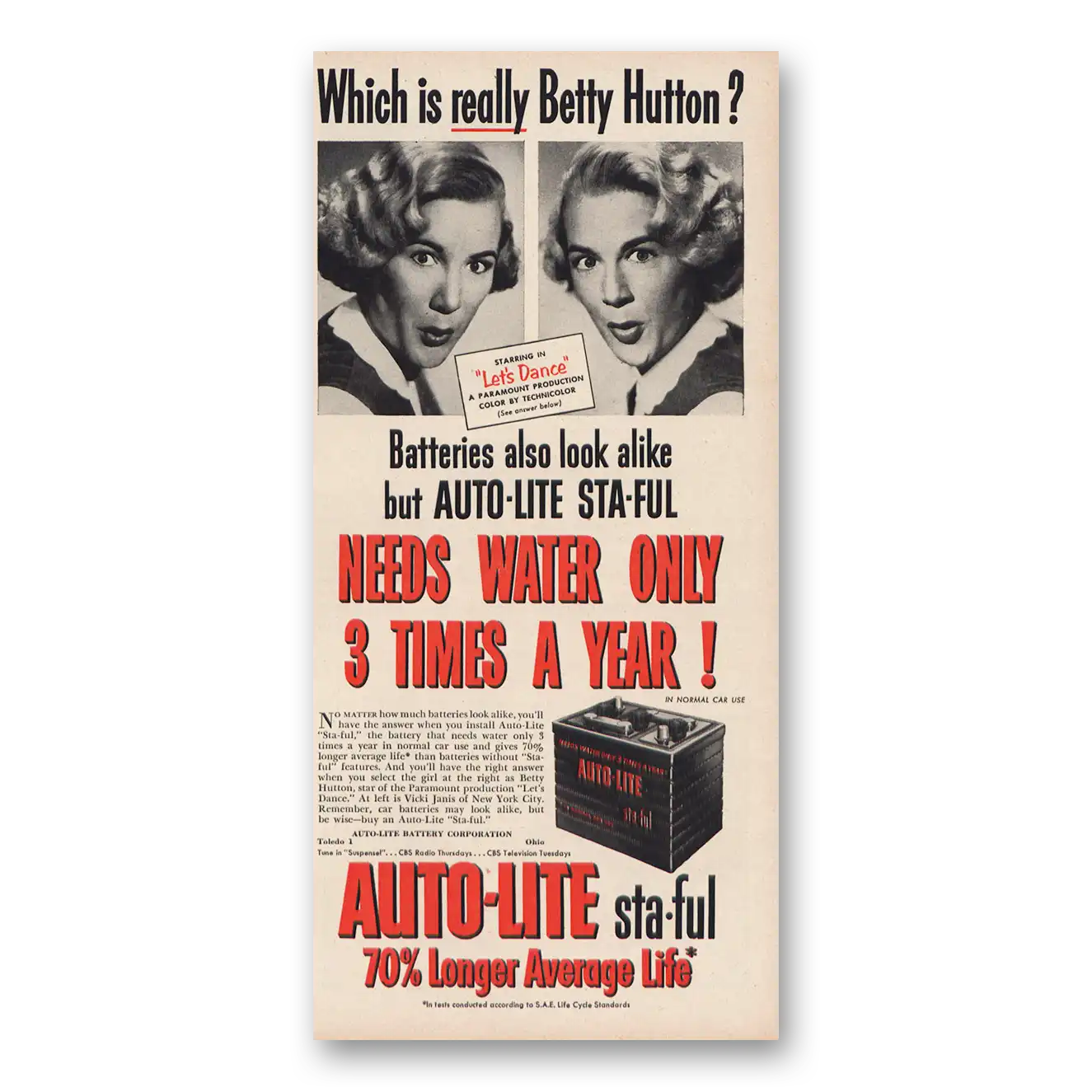 1950 Autolite Spark Plugs Which Is Really Betty Hutton Vintage Magazine Print Ad