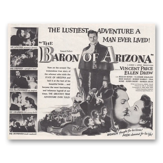 1950 Baron of Arizona Promo Vincent Price and Ellen Drew Vintage Magazine Print Ad