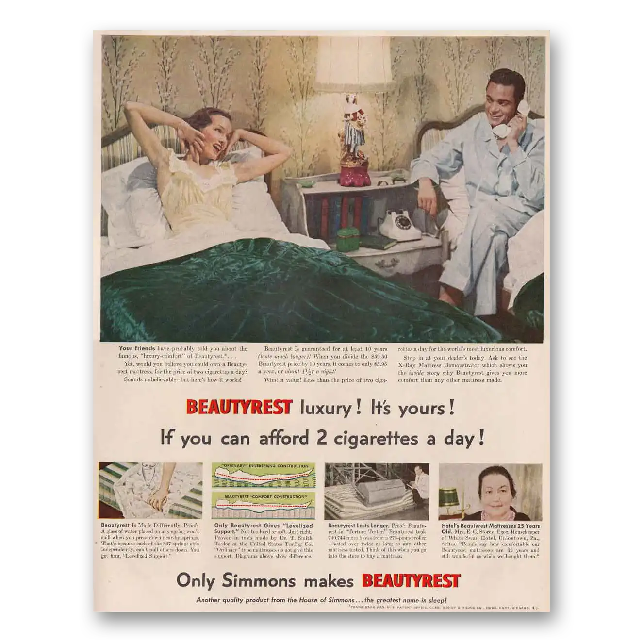 1950 Beautyrest Mattress Afford 2 Cigarettes a Day Vintage Magazine Print Ad