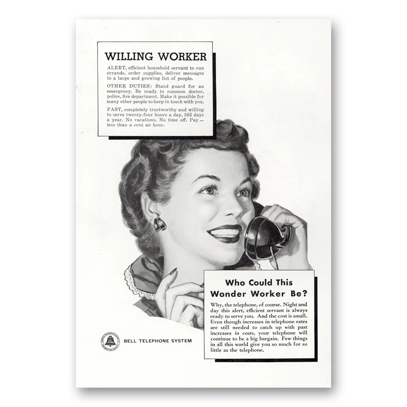 1950 Bell Telephone Willing Worker Vintage Magazine Print Ad