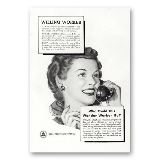 1950 Bell Telephone Willing Worker Vintage Magazine Print Ad