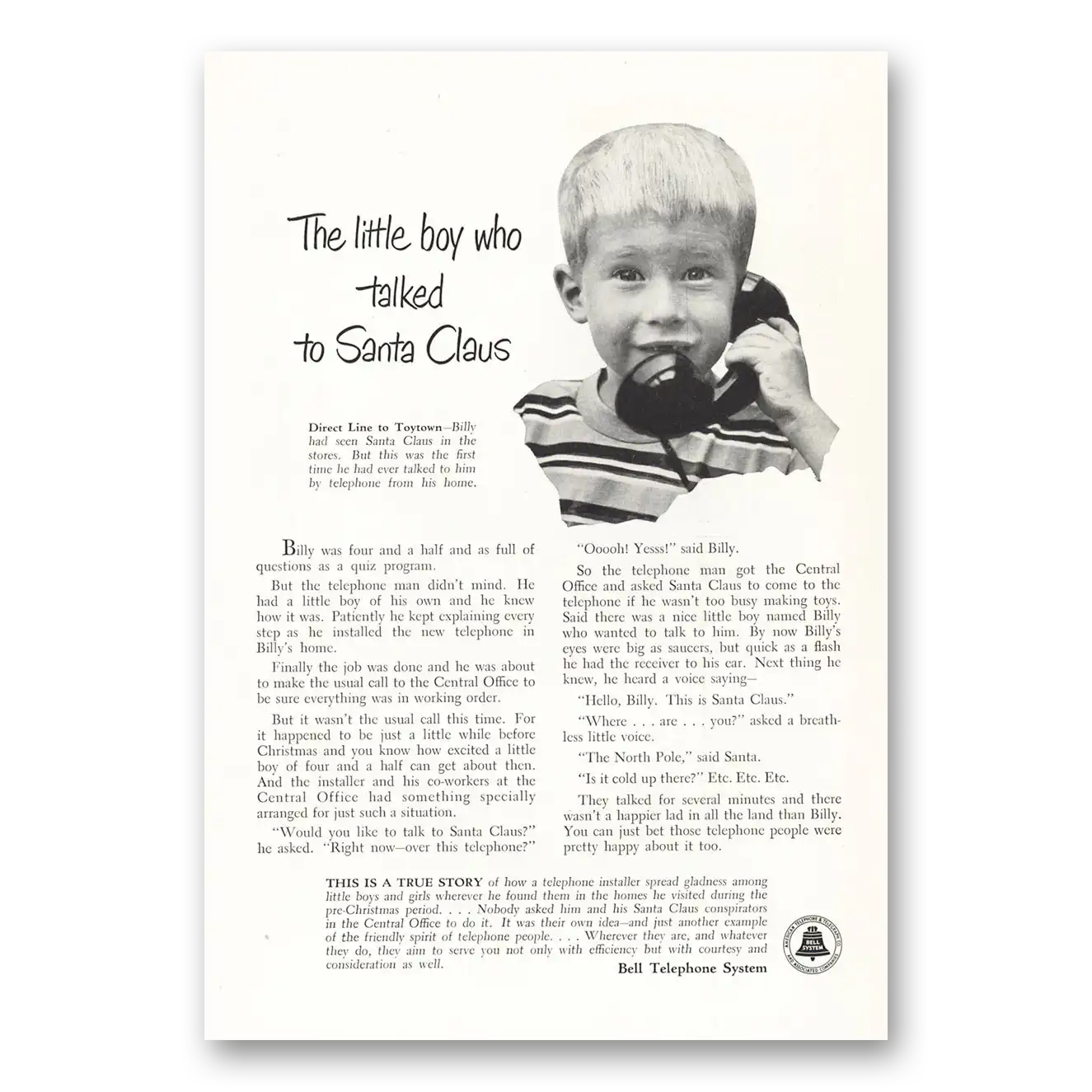 1950 Bell Telephone Little Boy Who Talked to Santa Claus Vintage Magazine Print Ad