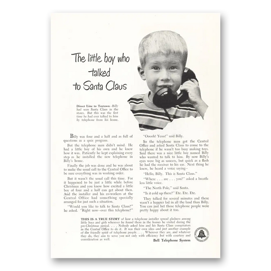 1950 Bell Telephone Little Boy Who Talked to Santa Claus Vintage Magazine Print Ad