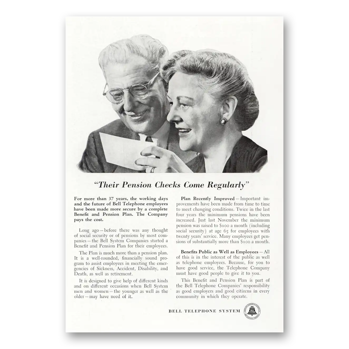 1950 Bell Telephone Their Pension Checks Come Regularly Vintage Magazine Print Ad