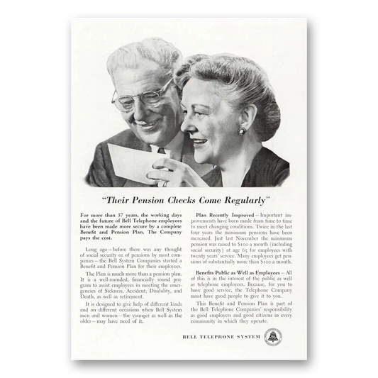 1950 Bell Telephone Their Pension Checks Come Regularly Vintage Magazine Print Ad