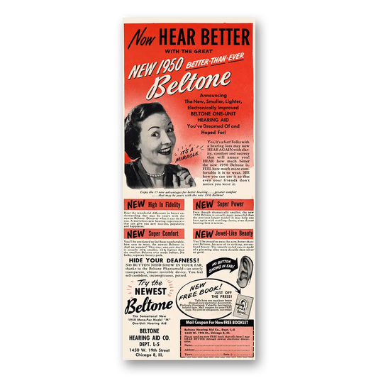 1950 Beltone Hearing Aid Better Than Ever Vintage Magazine Print Ad