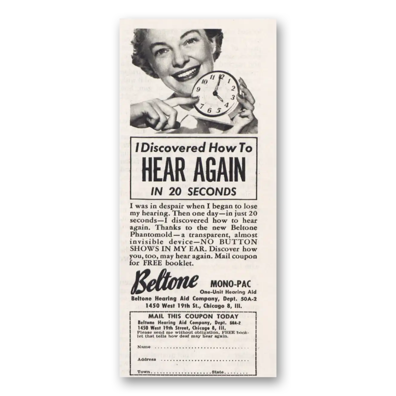 1950 Beltone Hearing Aid Hear Again In 20 Seconds Vintage Magazine Print Ad